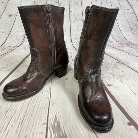 FRYE Sabrina brown leather block heel round toe campus mid boots, size 6.5 - Picture 7 of 15
